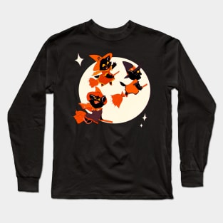 Halloween Kitten Witches Broomstick Ride Long Sleeve T-Shirt